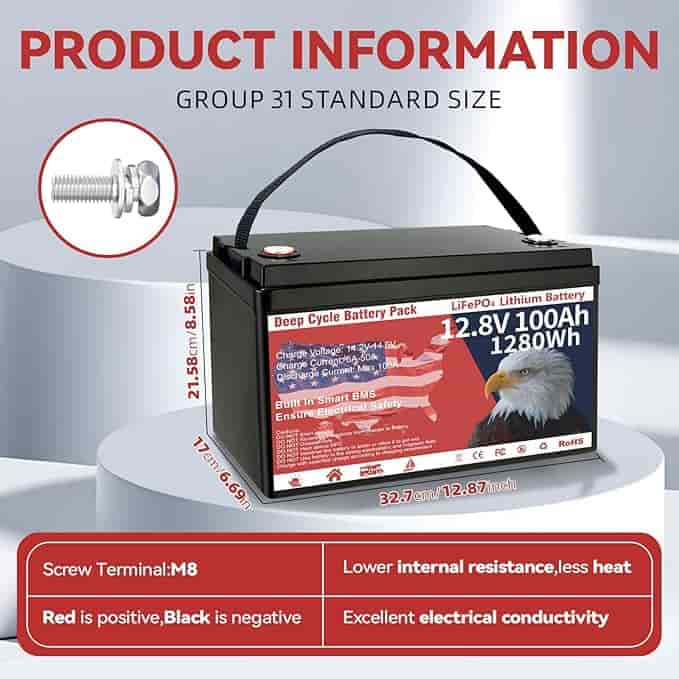 Imagen 1 de Batería LiFePO4 de 12V 100Ah VEMDIA – 1280 Wh, Más de 8000 Ciclos, BMS Integrado 