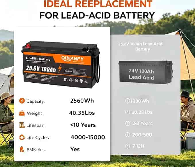 Imagen 2 de Batería Qidianfy LiFePO4 24V 100Ah 2560Wh con BMS Inteligente de 100A, 4000+ Ciclos para RV
