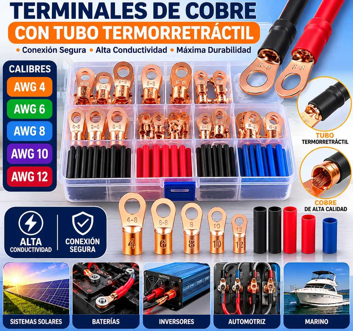 Imagen 2 de Kit de Terminales de Cobre Tipo Ojo (Ring Lug) con Tubos Termorretráctiles