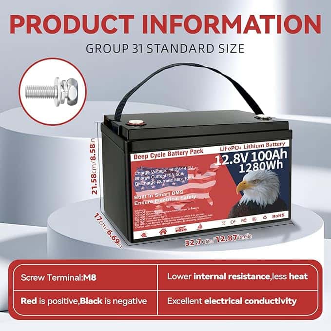 Batería LiFePO4 de 12V 100Ah VEMDIA – 1280 Wh, Más de 8000 Ciclos, BMS Integrado  - Vista 2