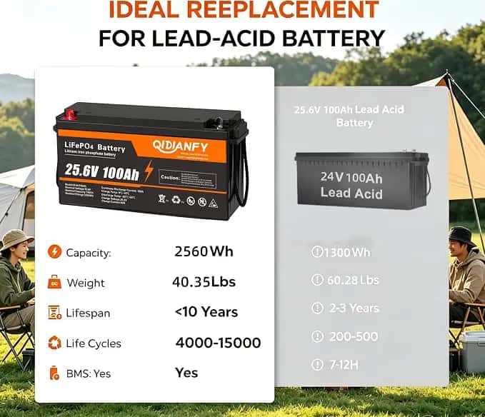 Batería Qidianfy LiFePO4 24V 100Ah 2560Wh con BMS Inteligente de 100A, 4000+ Ciclos para RV - Vista 2
