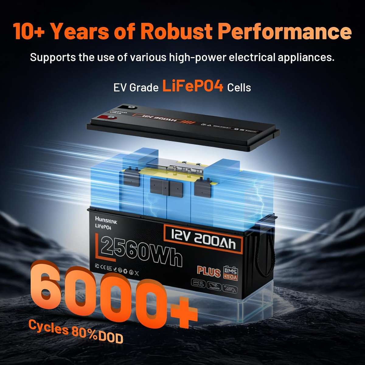 Batería de Litio LiFePO4 12V 200Ah HumsiENK – 2560Wh con BMS Inteligente de 250A - Vista 3