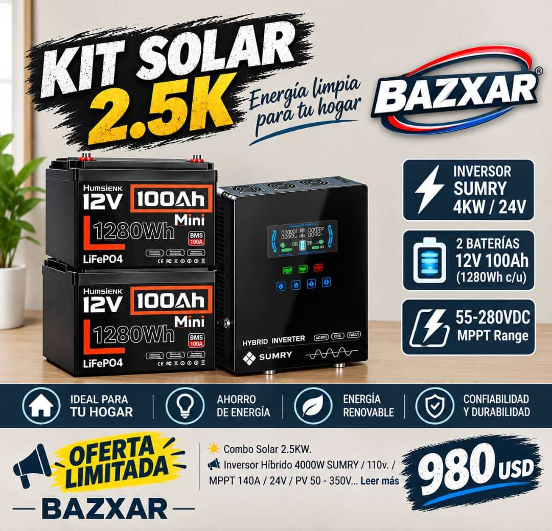 Kit Solar 2.5KW con Inversor Híbrido SUMRY 4000W 24V + 2 Baterías LiFePO4 12V 100Ah