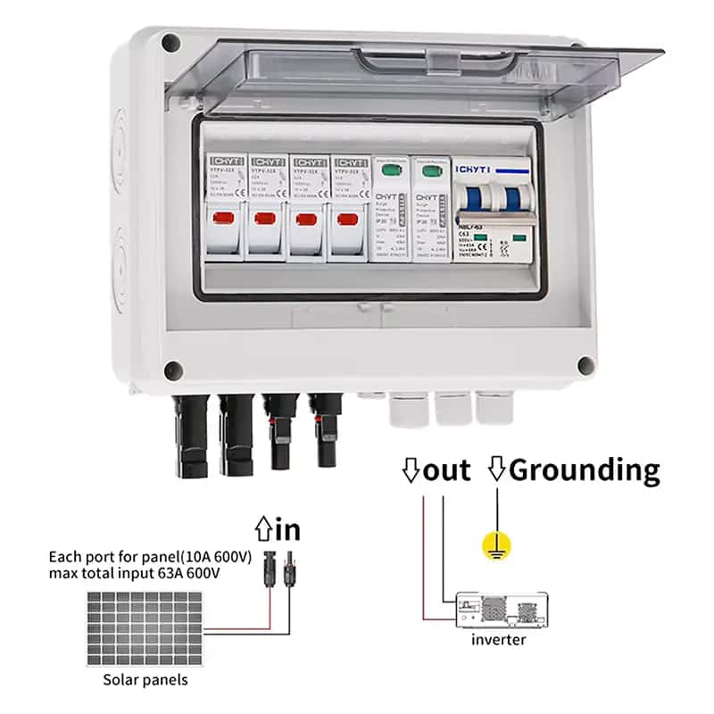 Caja Combinadora Solar Fotovoltaica 600V DC, 2 Entradas 1 Salida con Protección contra Rayos - Vista 4