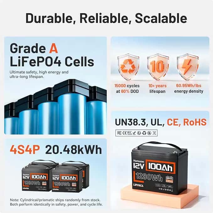 Batería Humsienk LiFePO4 12V 100Ah con BMS, 15,000 Ciclos y Protección de Baja Temperatura - Vista 3