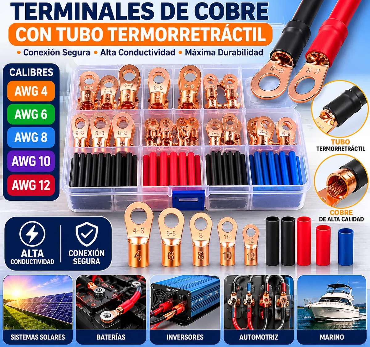 Kit de Terminales de Cobre Tipo Ojo (Ring Lug) con Tubos Termorretráctiles - Vista 2