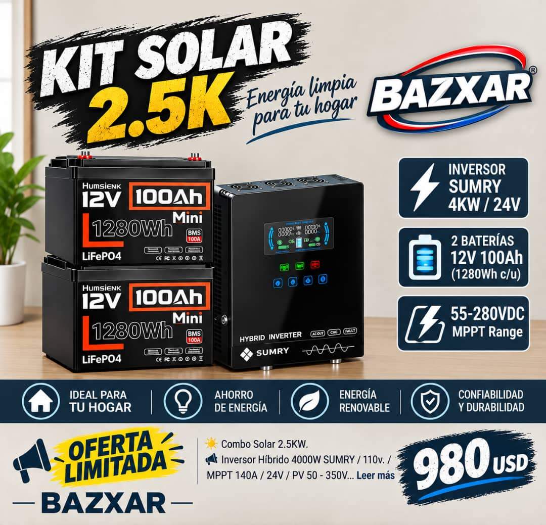 Imagen 1 de Kit Solar 2.5KW con Inversor Híbrido SUMRY 4000W 24V + 2 Baterías LiFePO4 12V 100Ah