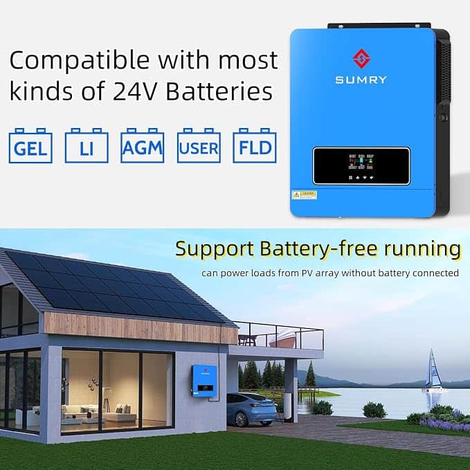 Imagen 2 de SUMRY Inversor Solar Híbrido 3600W 24V a 110V con MPPT 120A, Onda Senoidal Pura y Cargador 100A