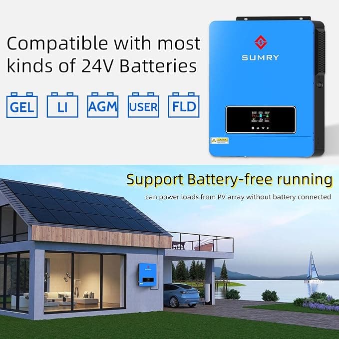 Imagen 2 de SUMRY Inversor Solar Híbrido 3600W 24V a 110V con MPPT 120A, Onda Senoidal Pura y Cargador 100A